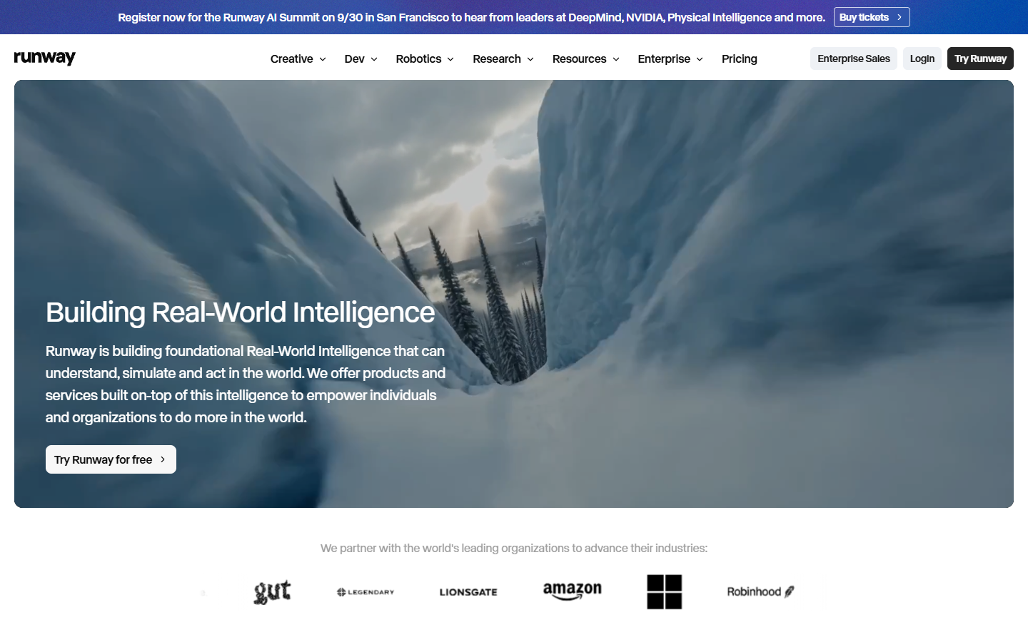 Runway homepage showing generative AI video tools