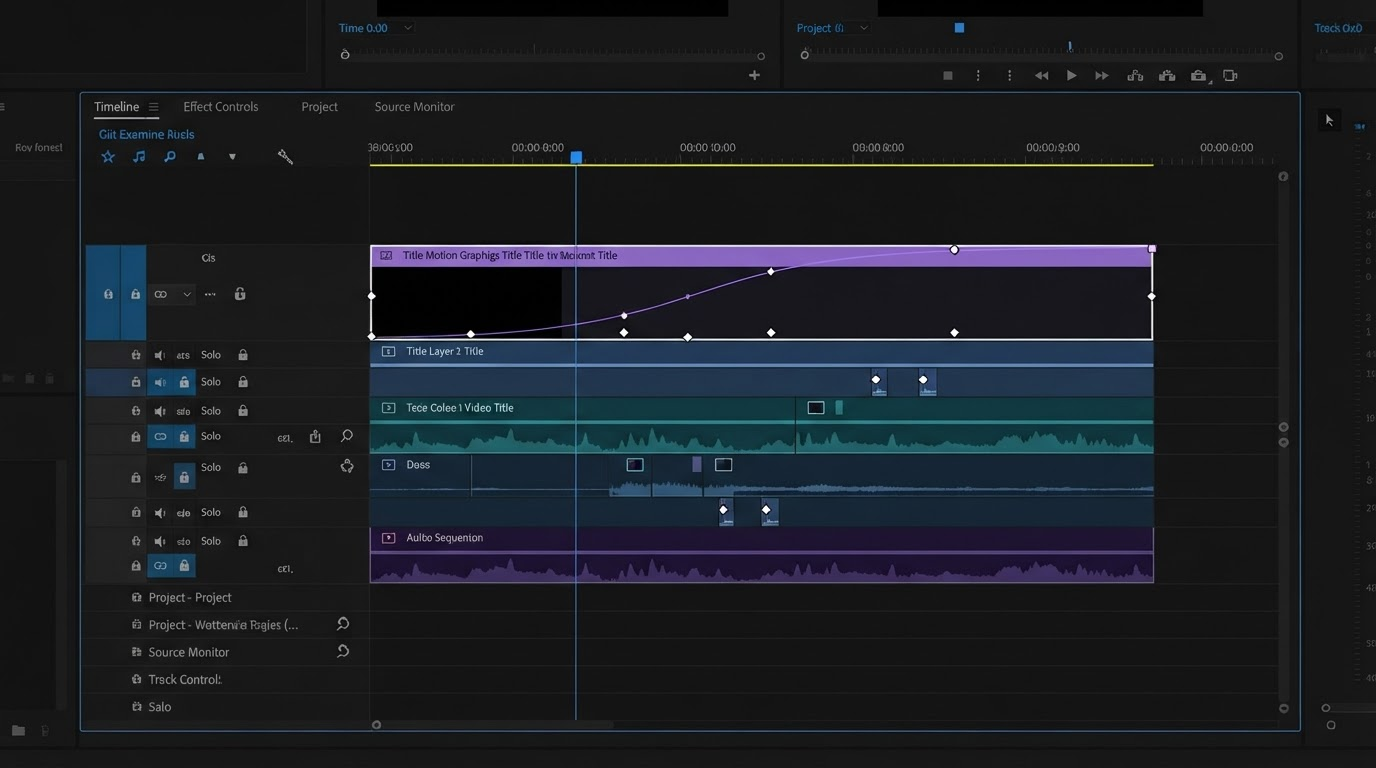Editor timeline with a caption track, a B roll layer, and easing curves on a client video edit