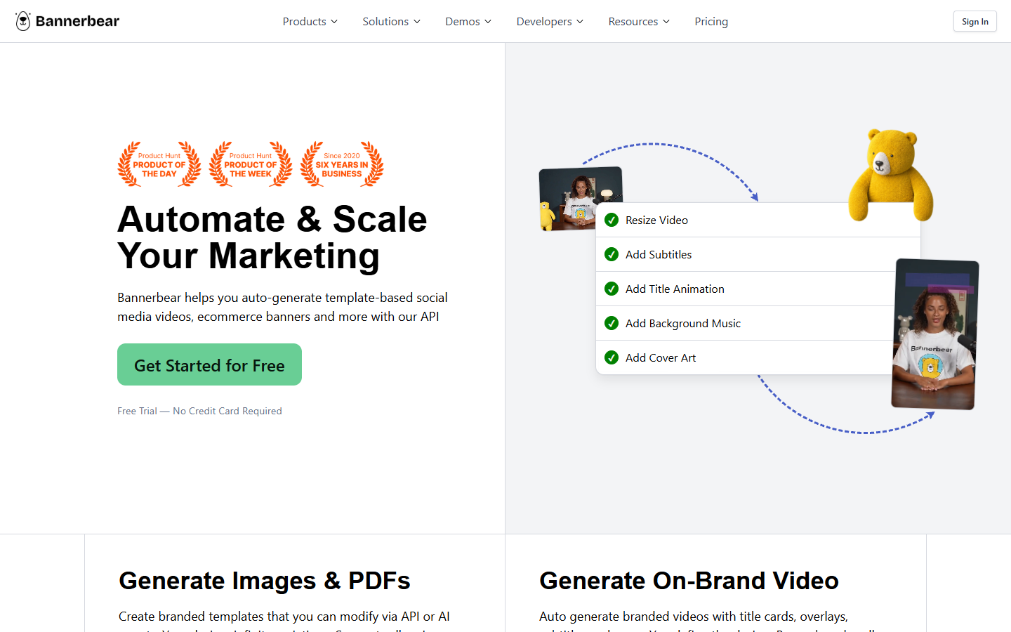Bannerbear homepage showing automated image and video generation