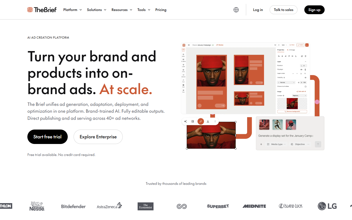 The Brief homepage showing an AI ad creation platform generating on brand ad variants