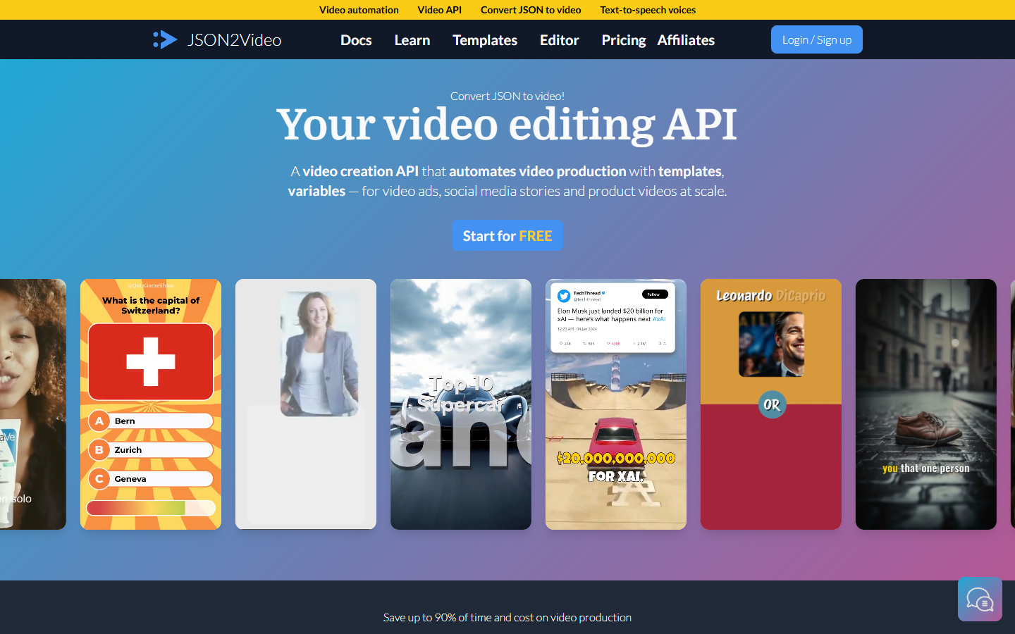 JSON2Video homepage showing a JSON to video rendering API