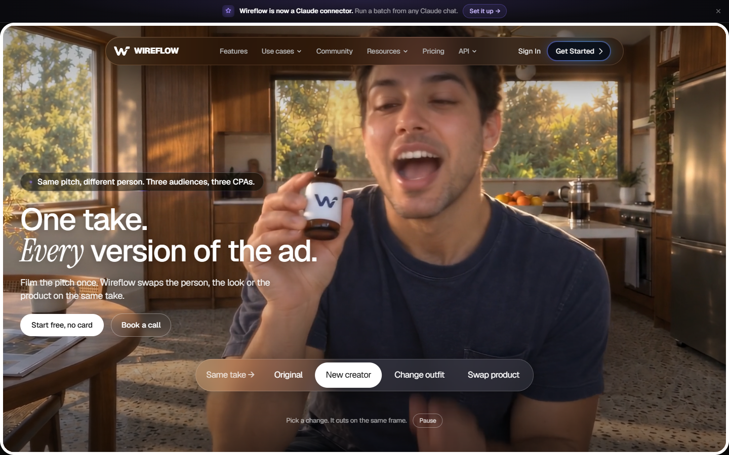 Wireflow homepage showing one ad take regenerated with a different creator, outfit and product