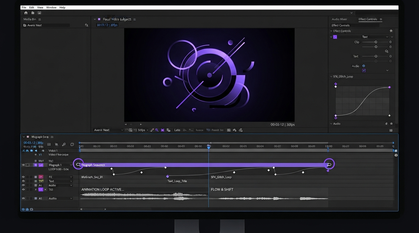 Dark video editor timeline with keyframe markers and an easing curve on a highlighted track
