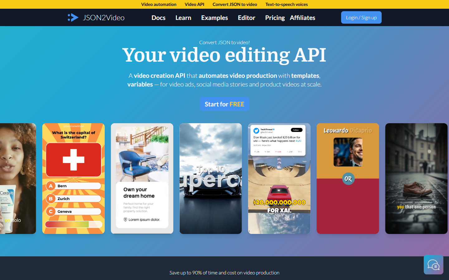 JSON2Video homepage showing a JSON driven video editing API
