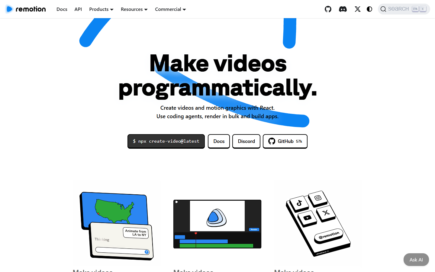 Remotion homepage showing programmatic video rendering with React
