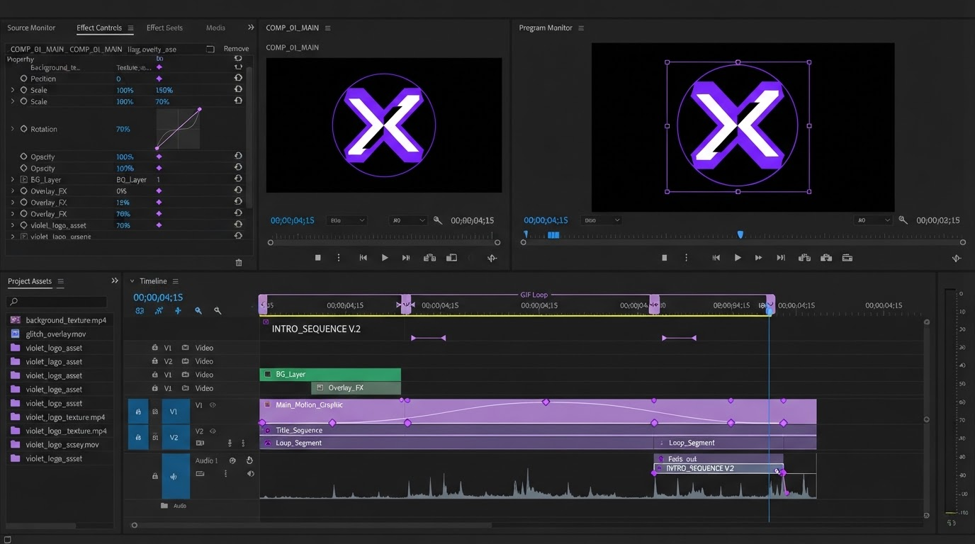 Video editing timeline with caption layers, keyframe diamonds and an easing curve for a short social edit