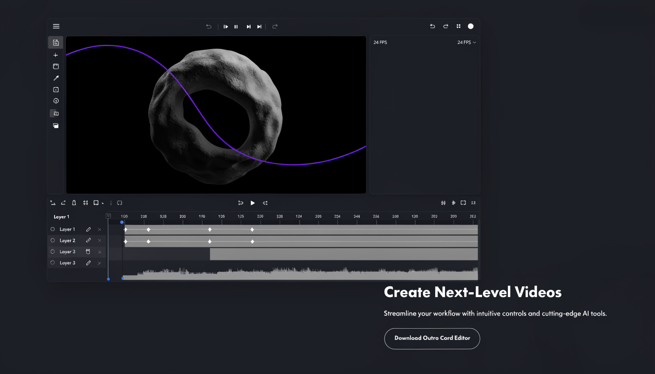AI motion editor timeline showing layered clips, keyframes, captions, and a finished preview