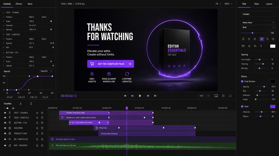 Motion design workspace with layered timeline, caption track, and render controls