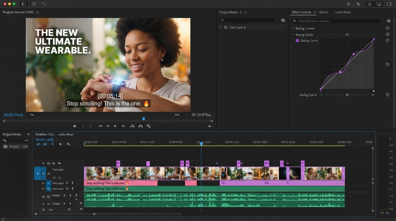 Dark Motionbox timeline holding four short AI generated clips on separate tracks with keyframe diamonds and an easing curve