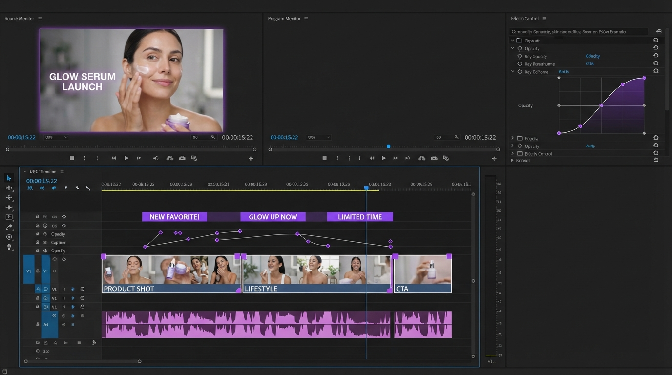 Timeline view with four clips trimmed to their strongest seconds, a caption track, and a music track underneath