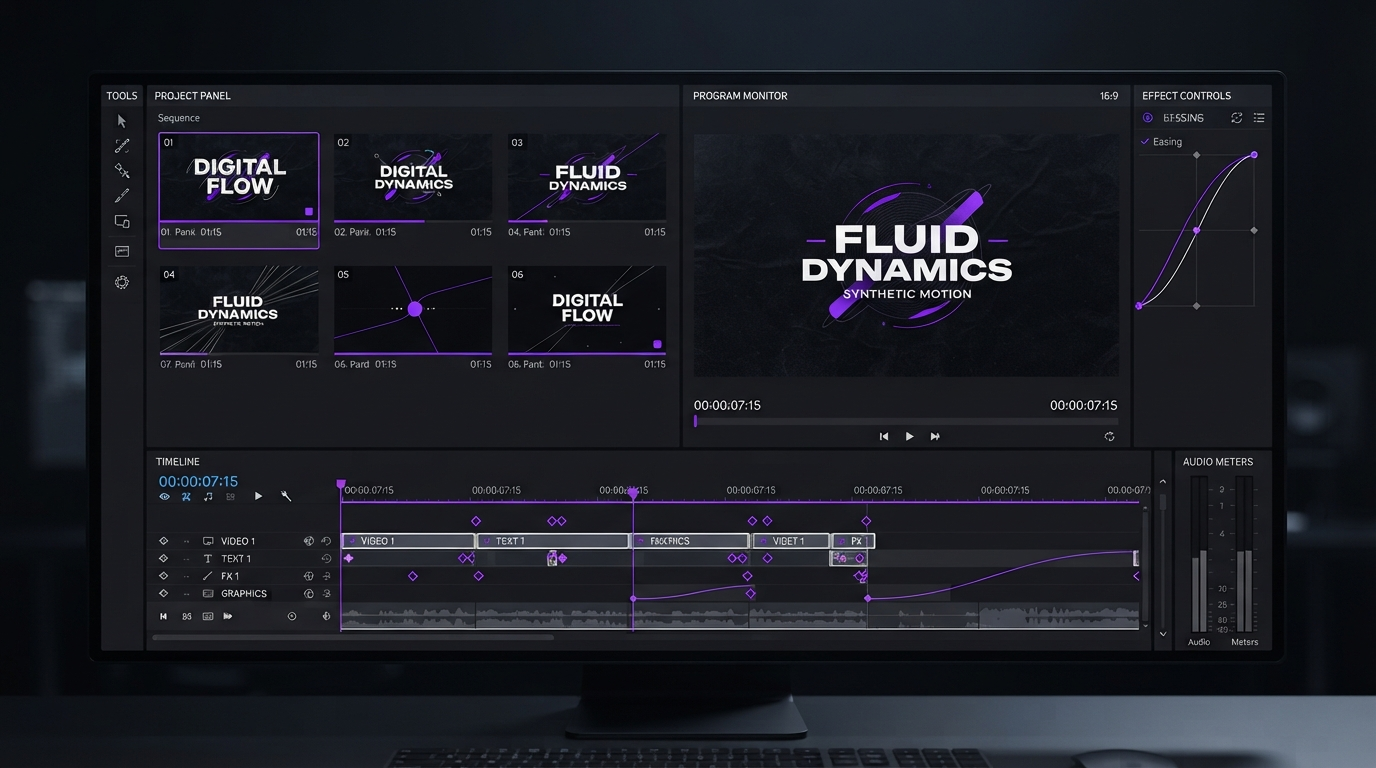 Dark video editor timeline with keyframe diamonds, an easing curve, and a render job queue for an agent-driven video pipeline