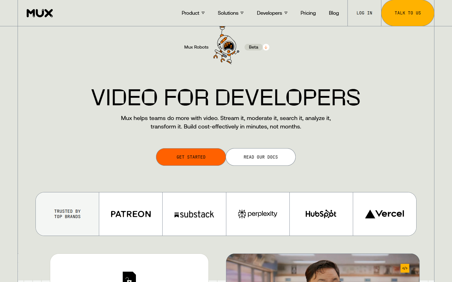 Mux homepage showing hosted video streaming, encoding, and analytics APIs