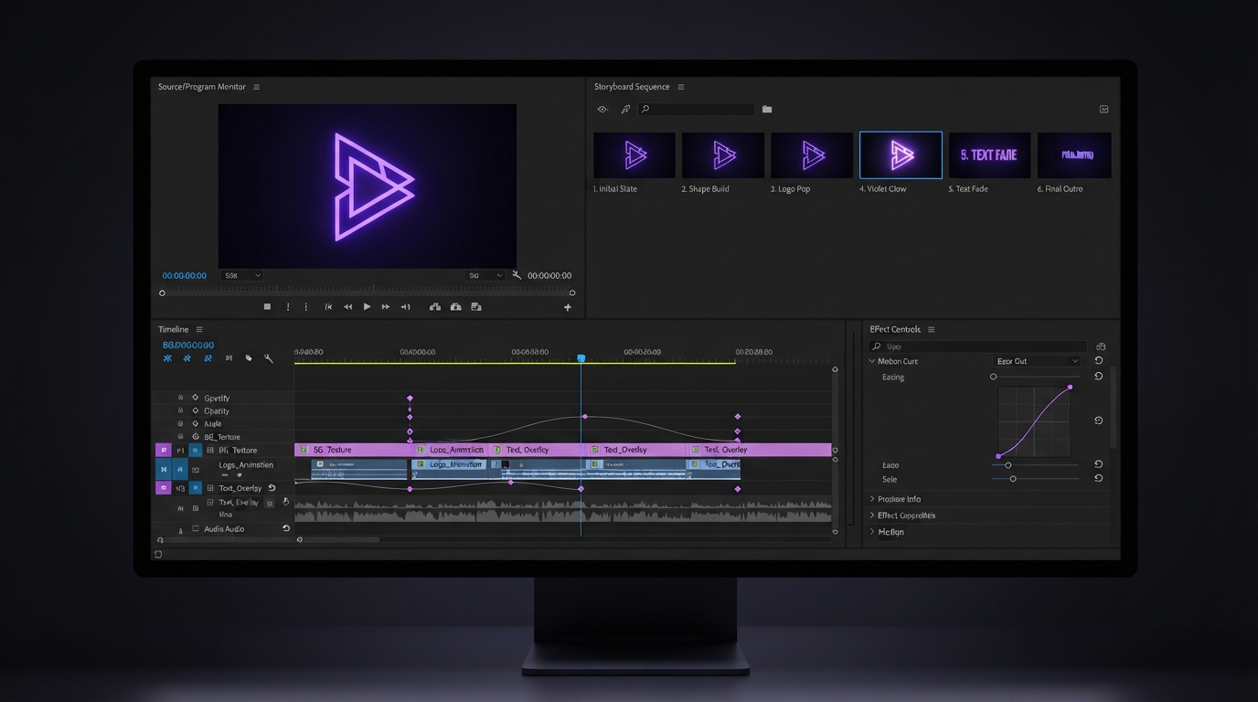 Editor timeline showing rendered agent shots laid out as clips with caption track and easing curve