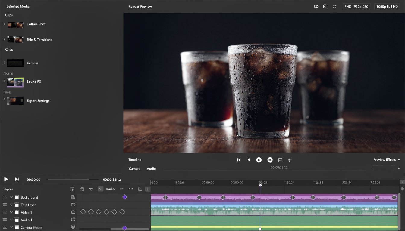 Dark video editor timeline with keyframe markers and an automated render queue