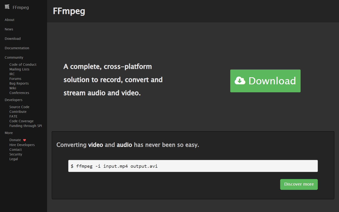 FFmpeg homepage for the open source video processing framework