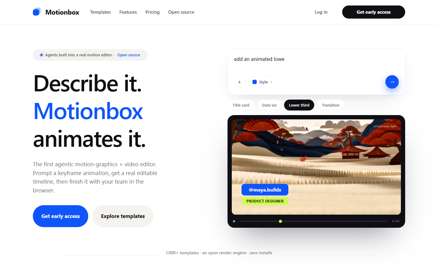 Motionbox homepage showing the agent-driven motion graphics editor