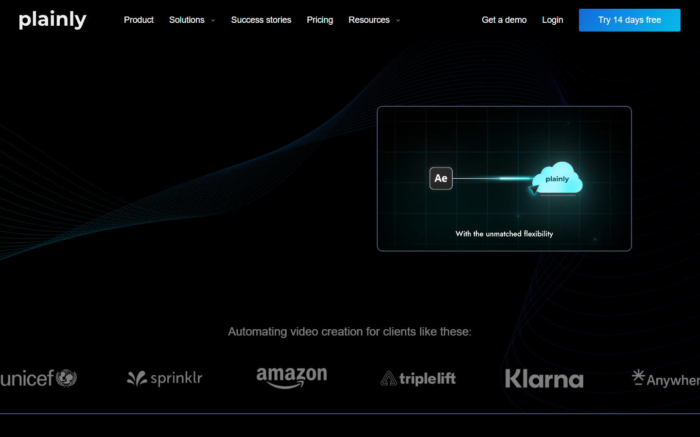 Plainly homepage showing After Effects template automation for bulk video rendering
