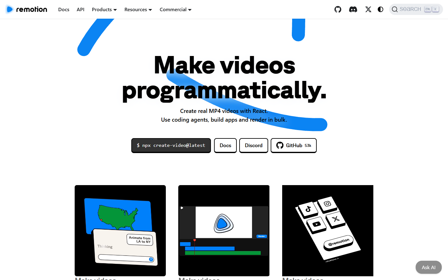 Remotion homepage showing the video creation framework for React developers