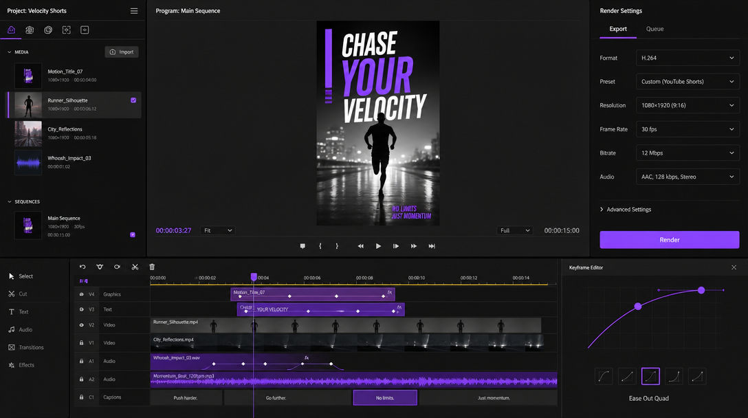 Editor timeline comparing an automated render queue with hands-on keyframe editing