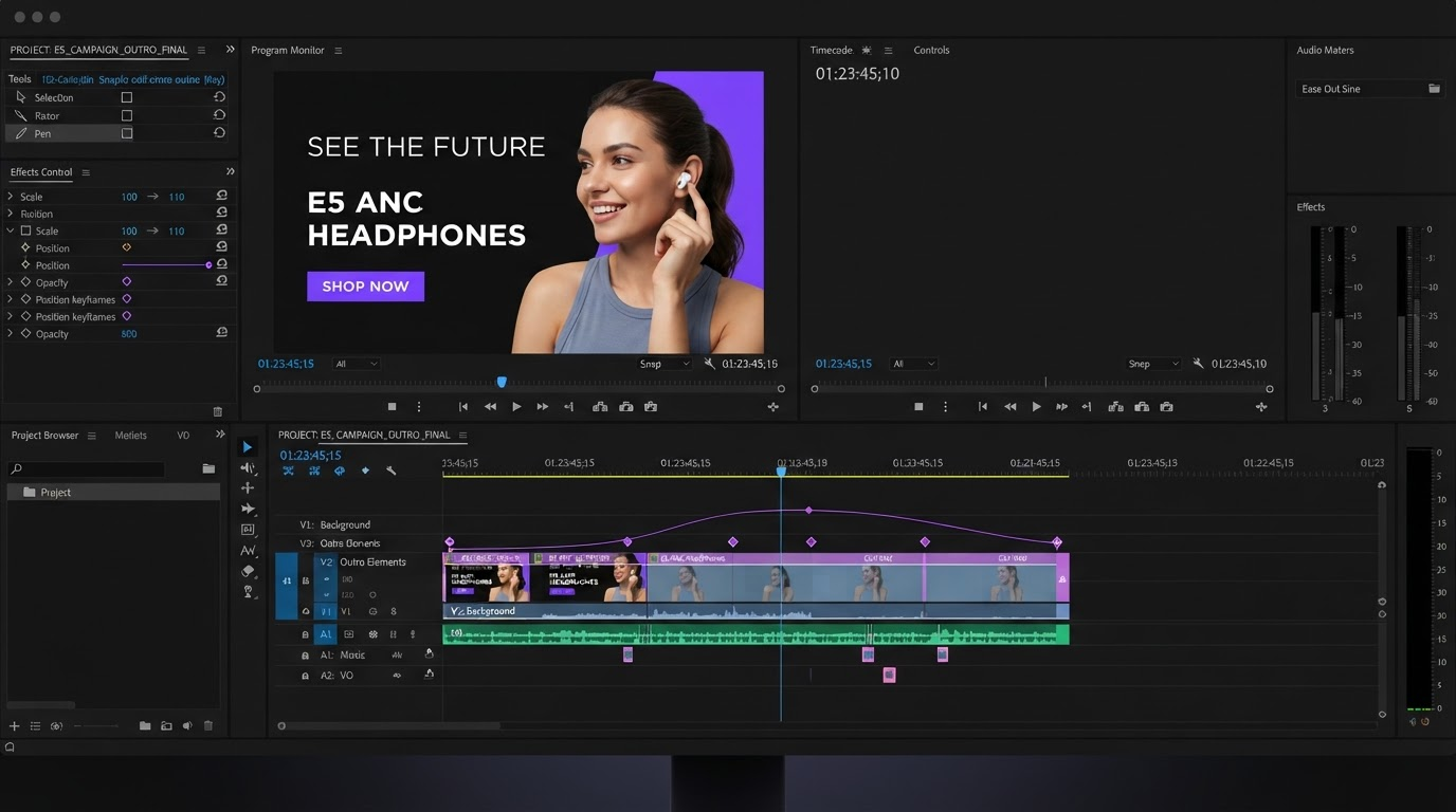 Dark video editor timeline showing clips, keyframe diamonds, and an easing curve for an automated render job