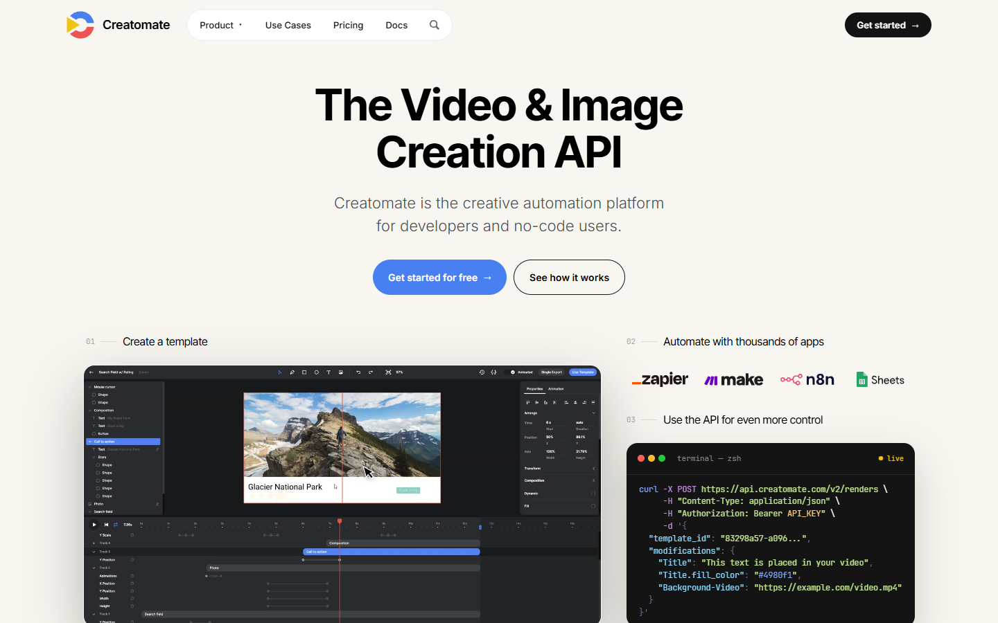 Creatomate homepage showing its template based video generation API