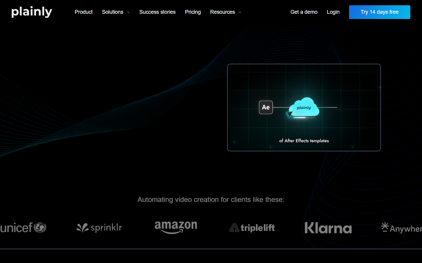 Plainly homepage showing After Effects template automation through an API