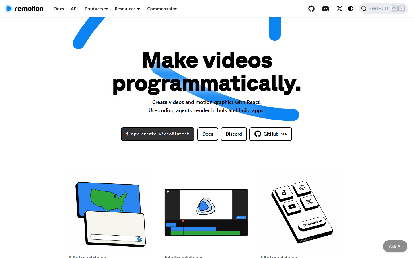 Remotion homepage showing React components used to build programmatic video