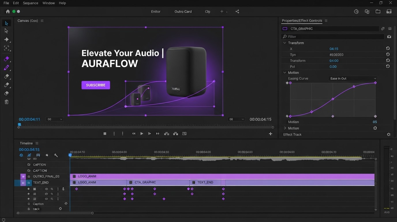Motion editor showing caption layers, a waveform track, and keyframe markers on an automated social clip