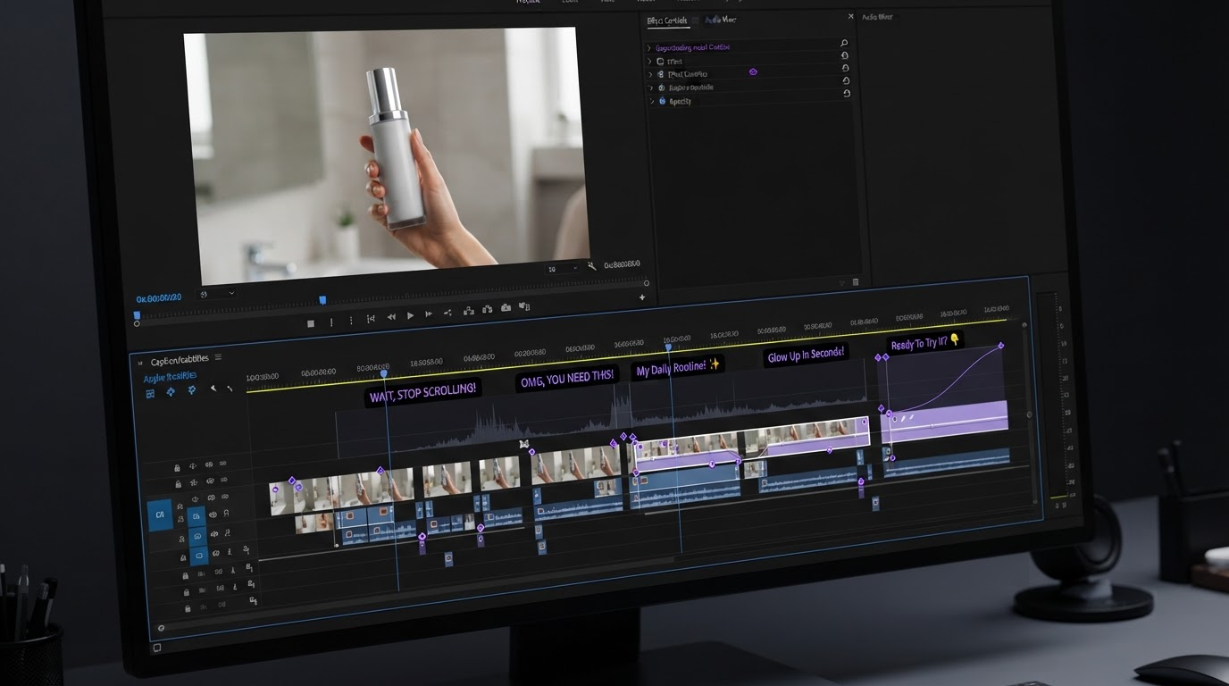 Dark editor timeline showing an avatar clip, a voiceover waveform, a caption track, and keyframe diamonds for a UGC ad edit
