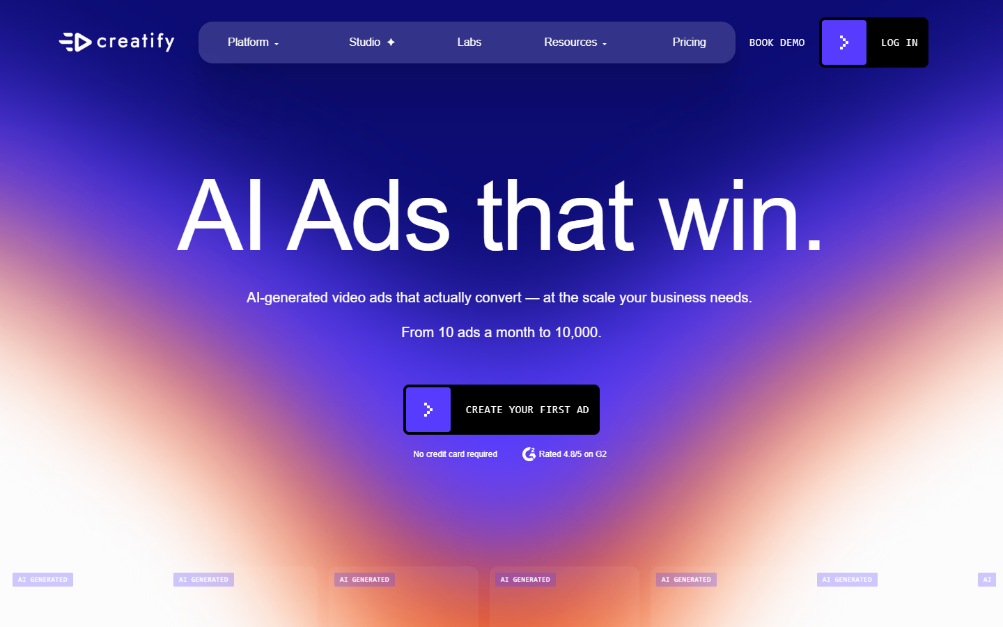 Creatify homepage showing URL to video ad generation for ecommerce
