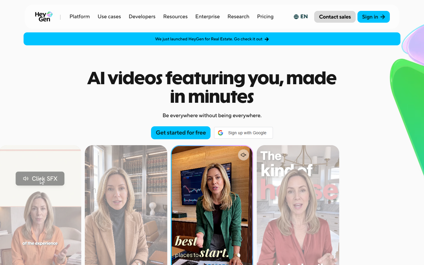HeyGen homepage showing AI avatar and video translation features