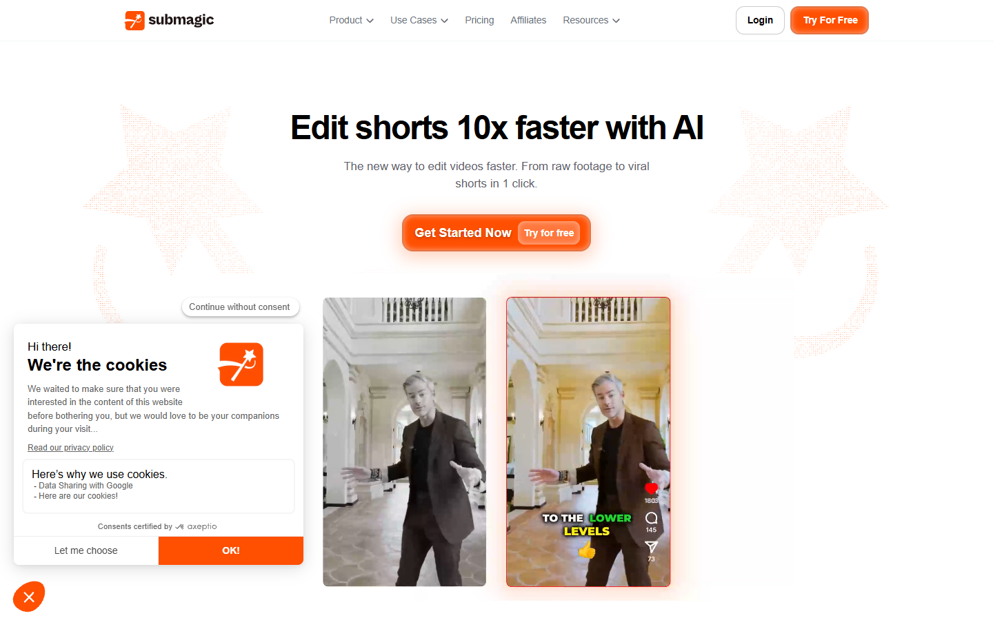 Submagic homepage showing animated captions and hooks applied to short form video