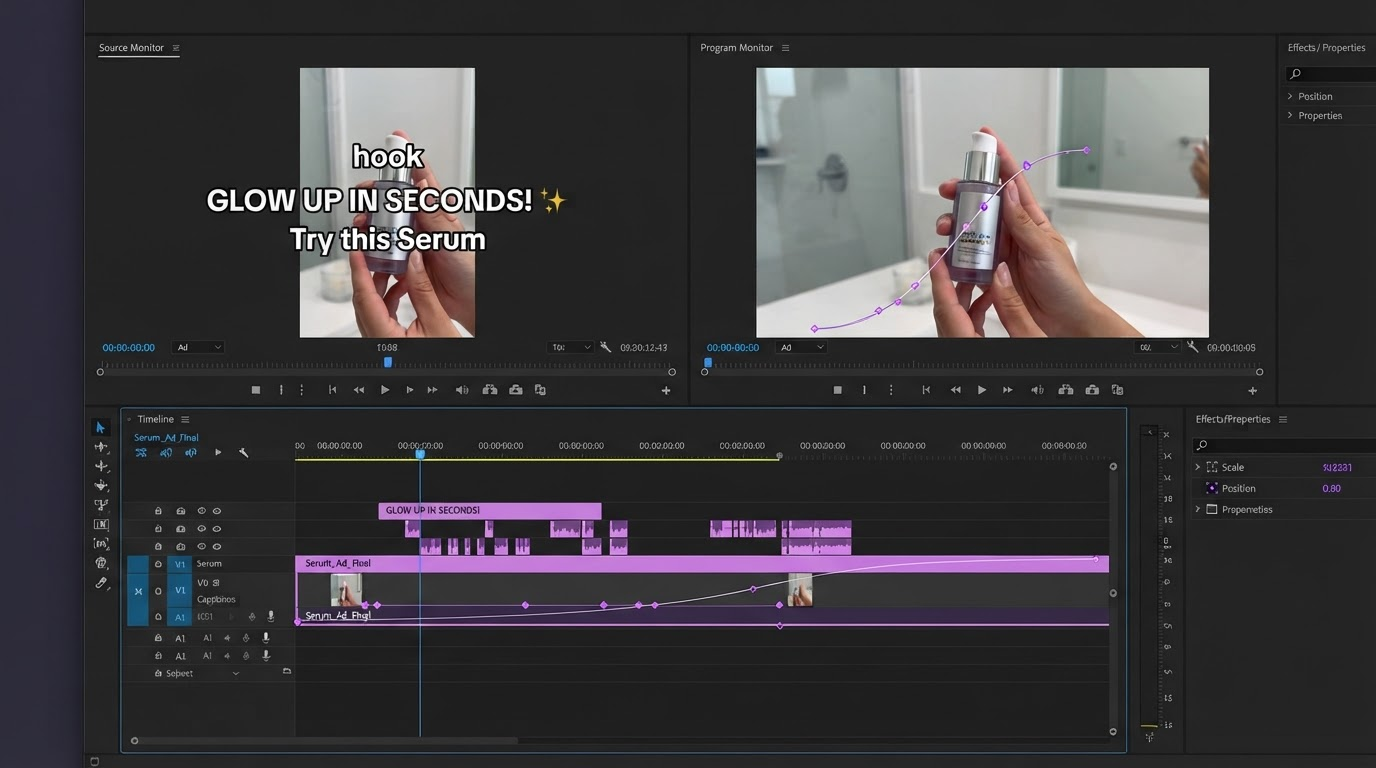 Timeline with an avatar clip, easing curve editor, and caption layers open for a short form ad edit