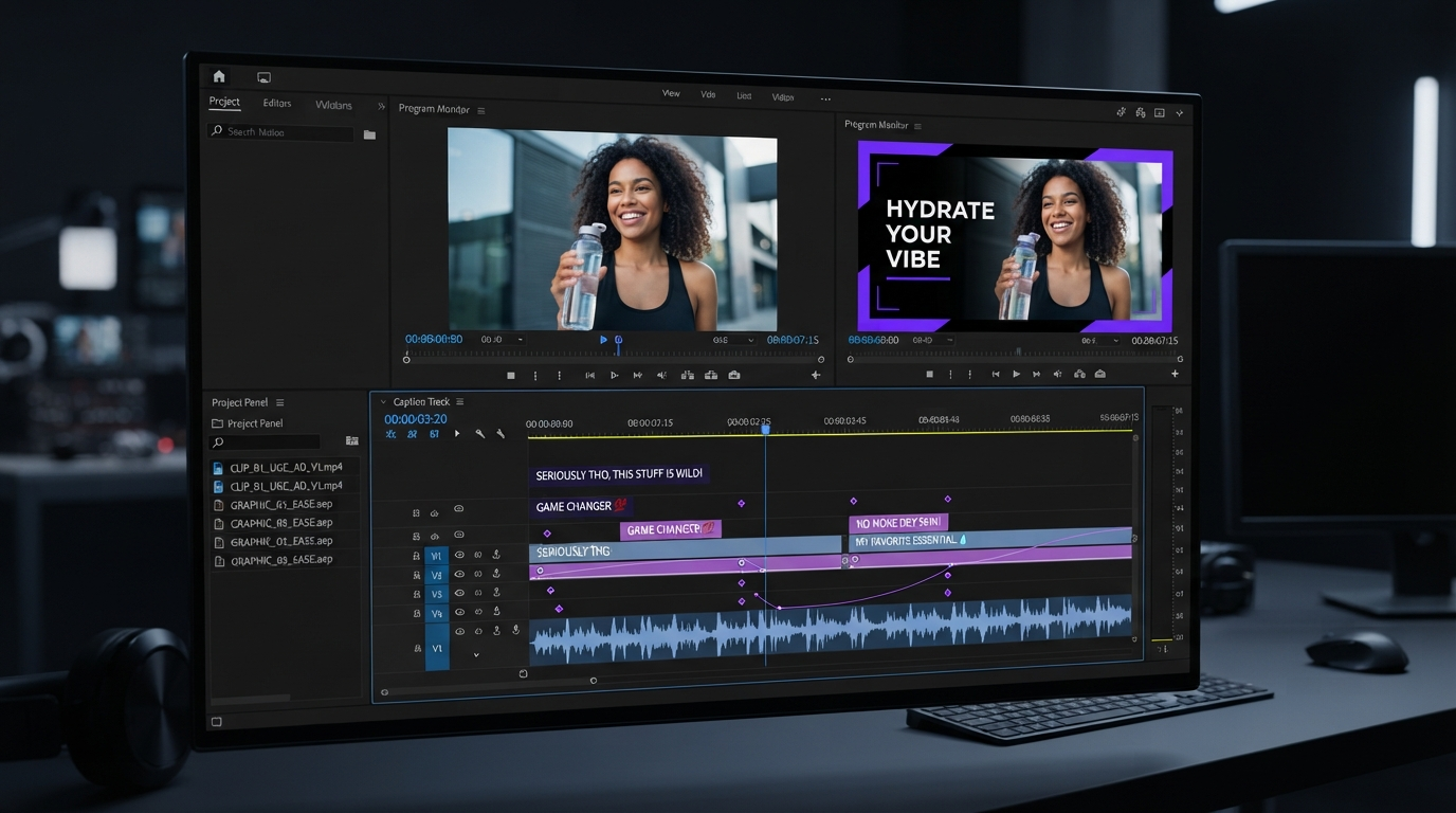 Dark video editor timeline with caption and keyframe tracks while an agent tool call runs against the project