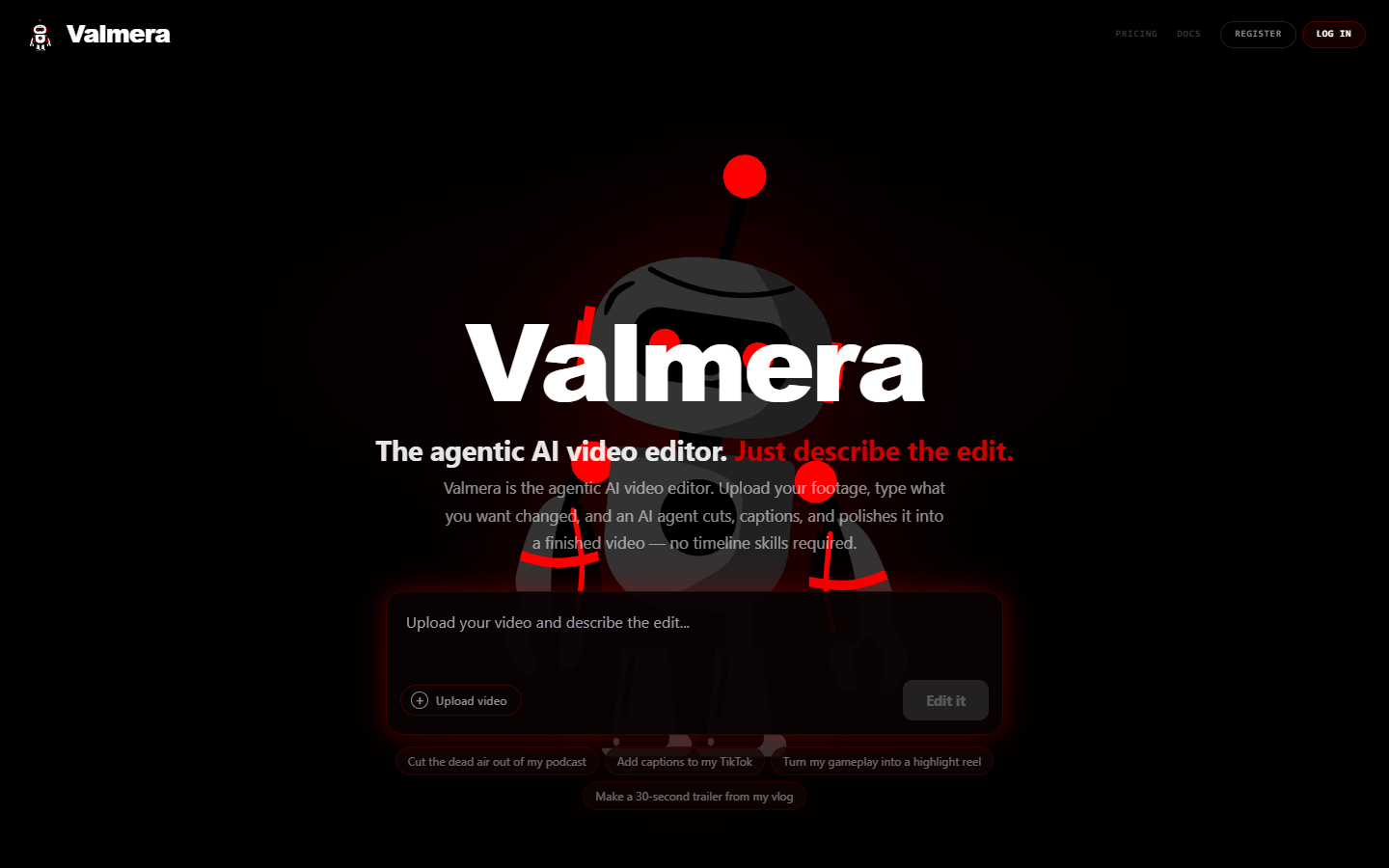Valmera homepage showing its hosted video editing MCP server and tool list