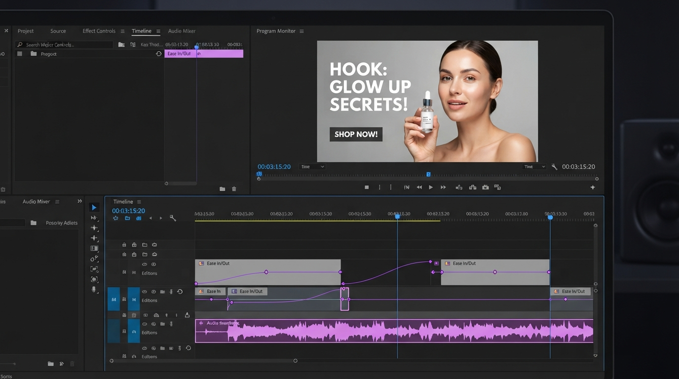 Editor timeline showing an approved agent edit with keyframe markers and an easing curve on a caption layer