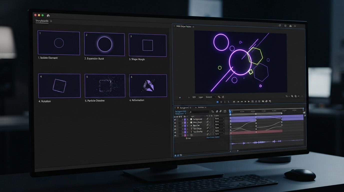 Dark video editor timeline showing six separate shots being joined into one continuous sequence with keyframe markers on the transition points