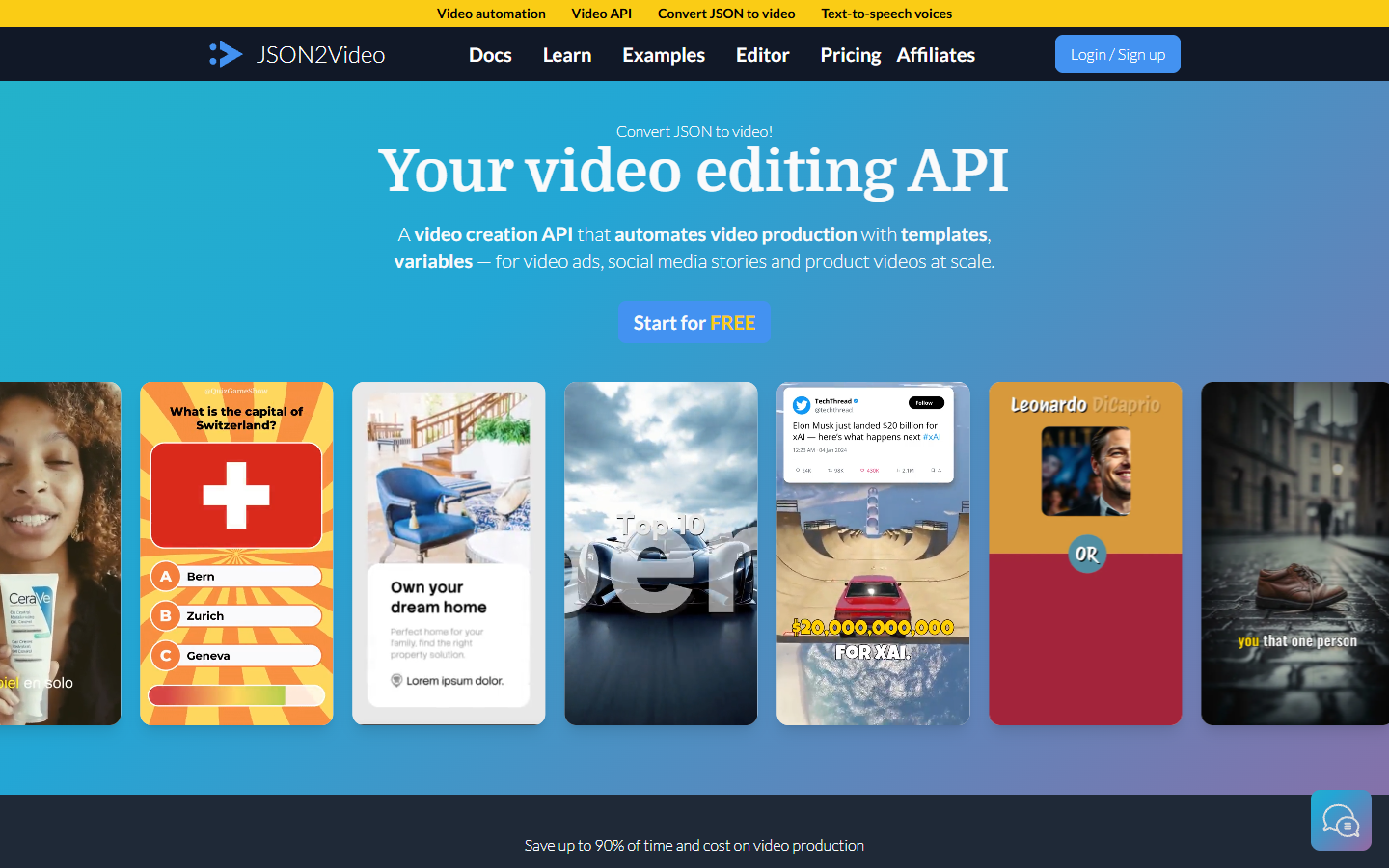 JSON2Video homepage showing its video automation API with template variables