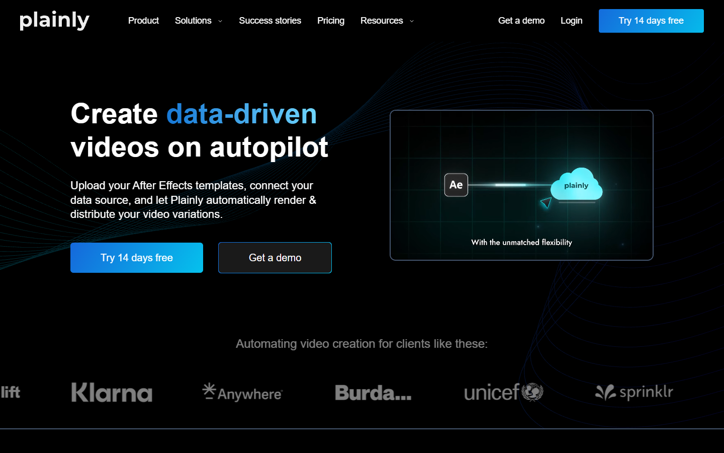 Plainly homepage showing its After Effects template rendering API