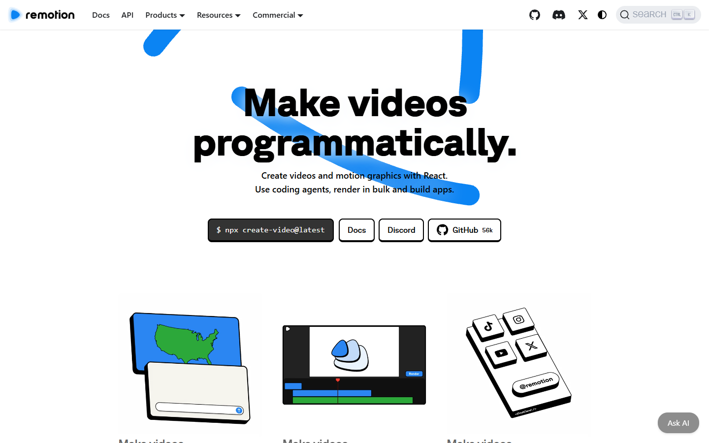 Remotion homepage showing its React based programmatic video framework