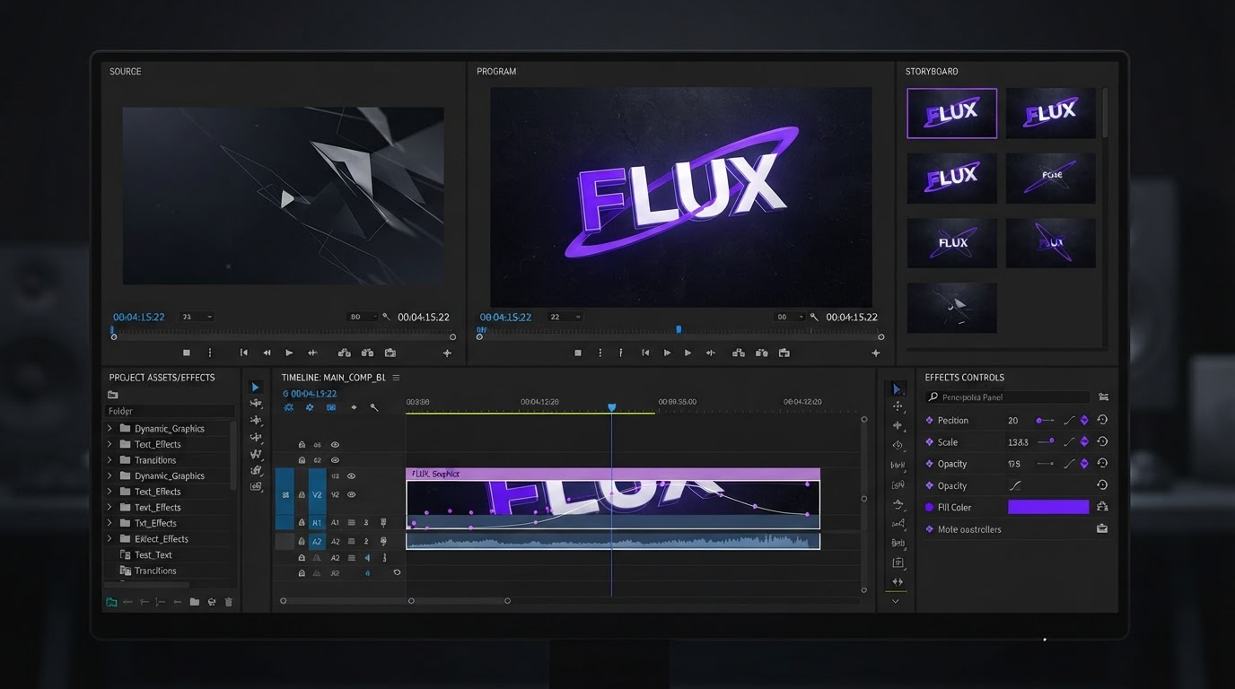 Timeline detail showing easing curves and keyframe diamonds on the transition between two stitched shots