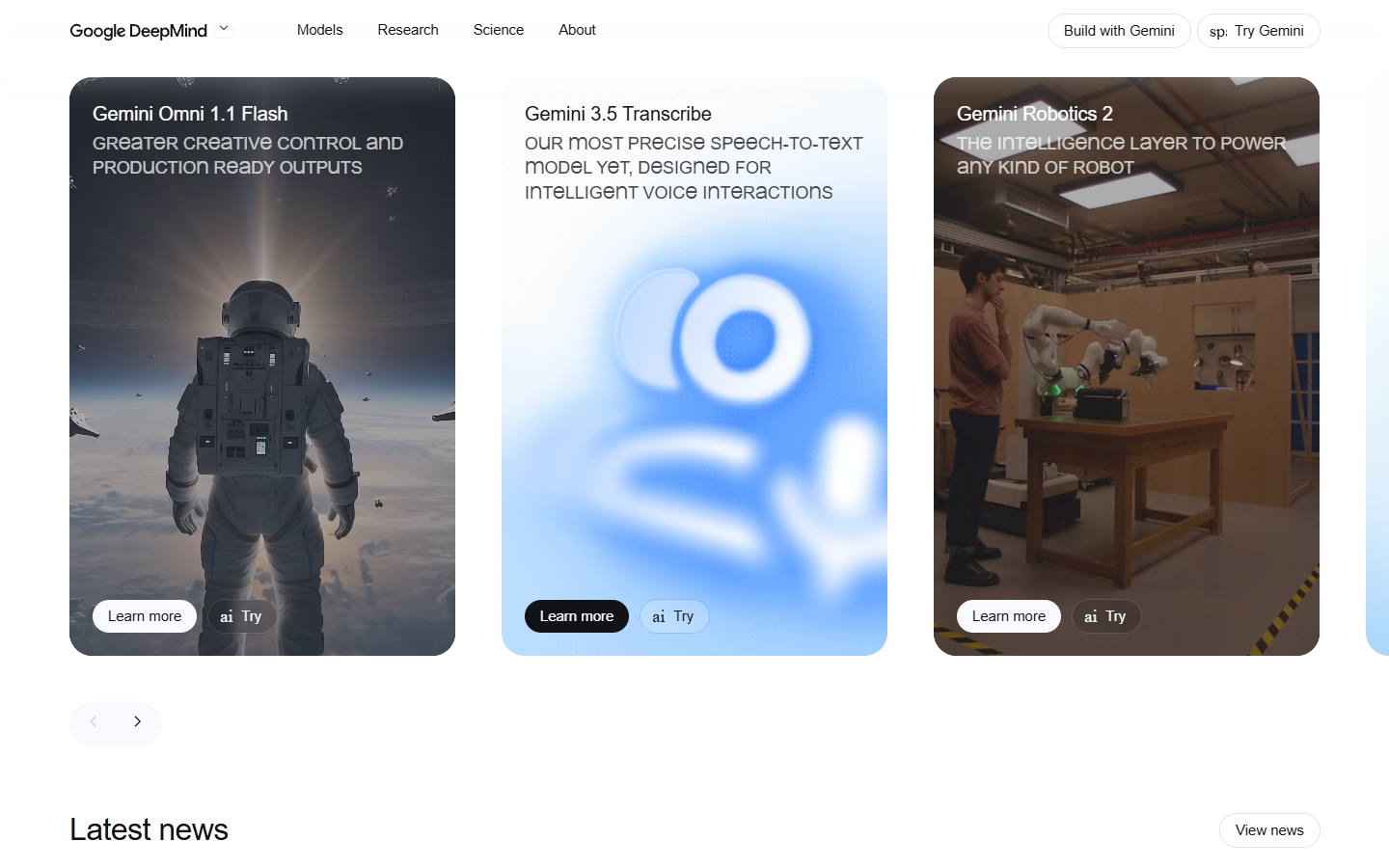 Google DeepMind homepage featuring the Veo video generation model