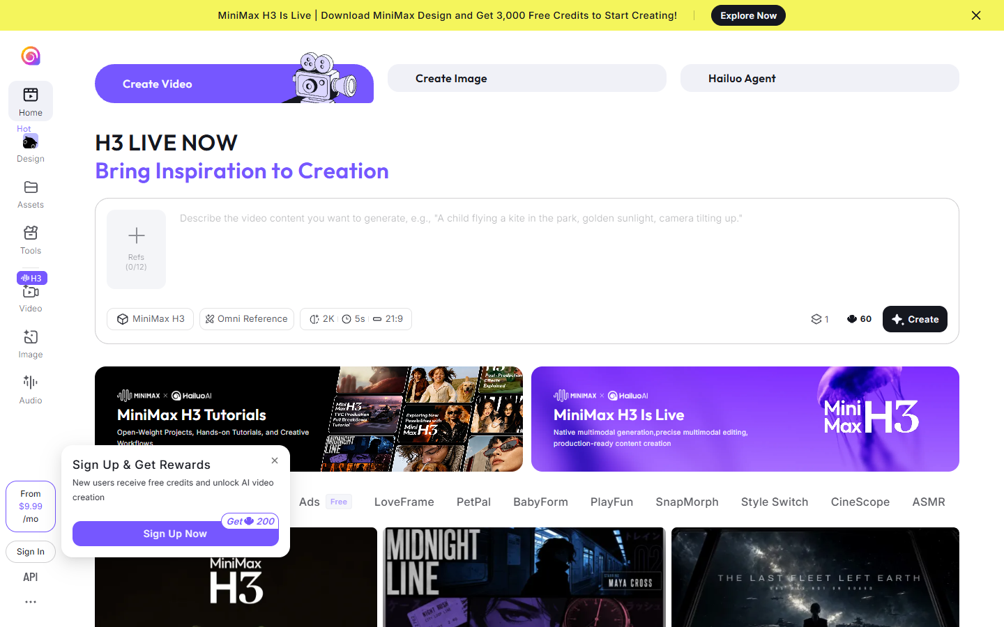 Hailuo AI homepage showing the MiniMax H3 video generation model