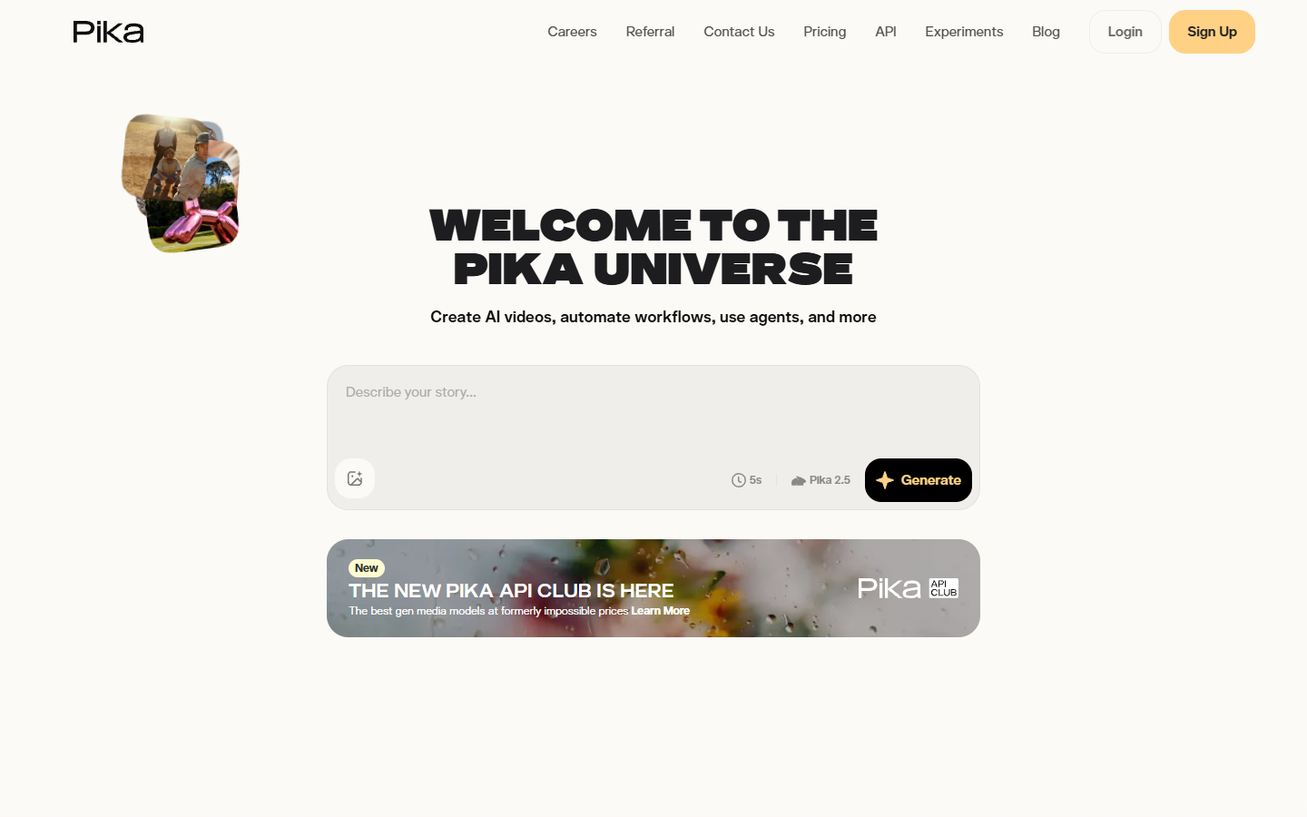 Pika homepage showing its text to video generation prompt box