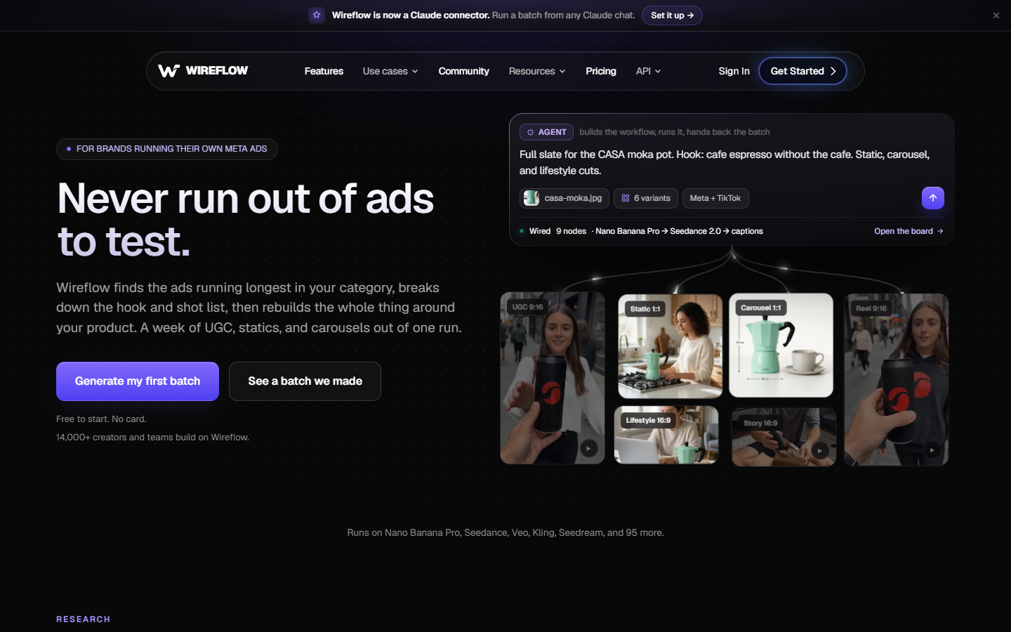 Wireflow homepage showing a multi model AI generation canvas