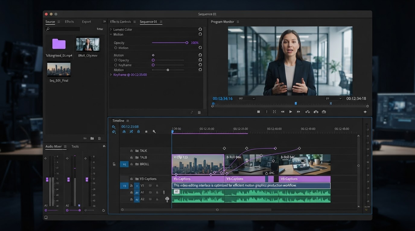 Dark video editor timeline with clips, keyframe markers, and an easing curve showing an automated render job