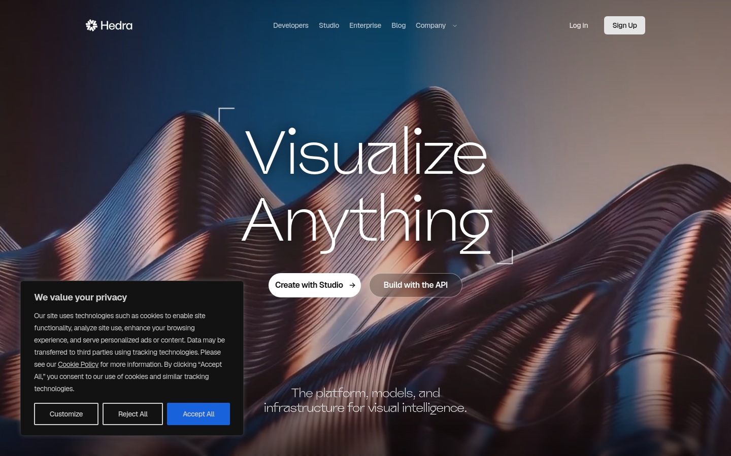 Hedra homepage showing its video generation platform and developer tooling