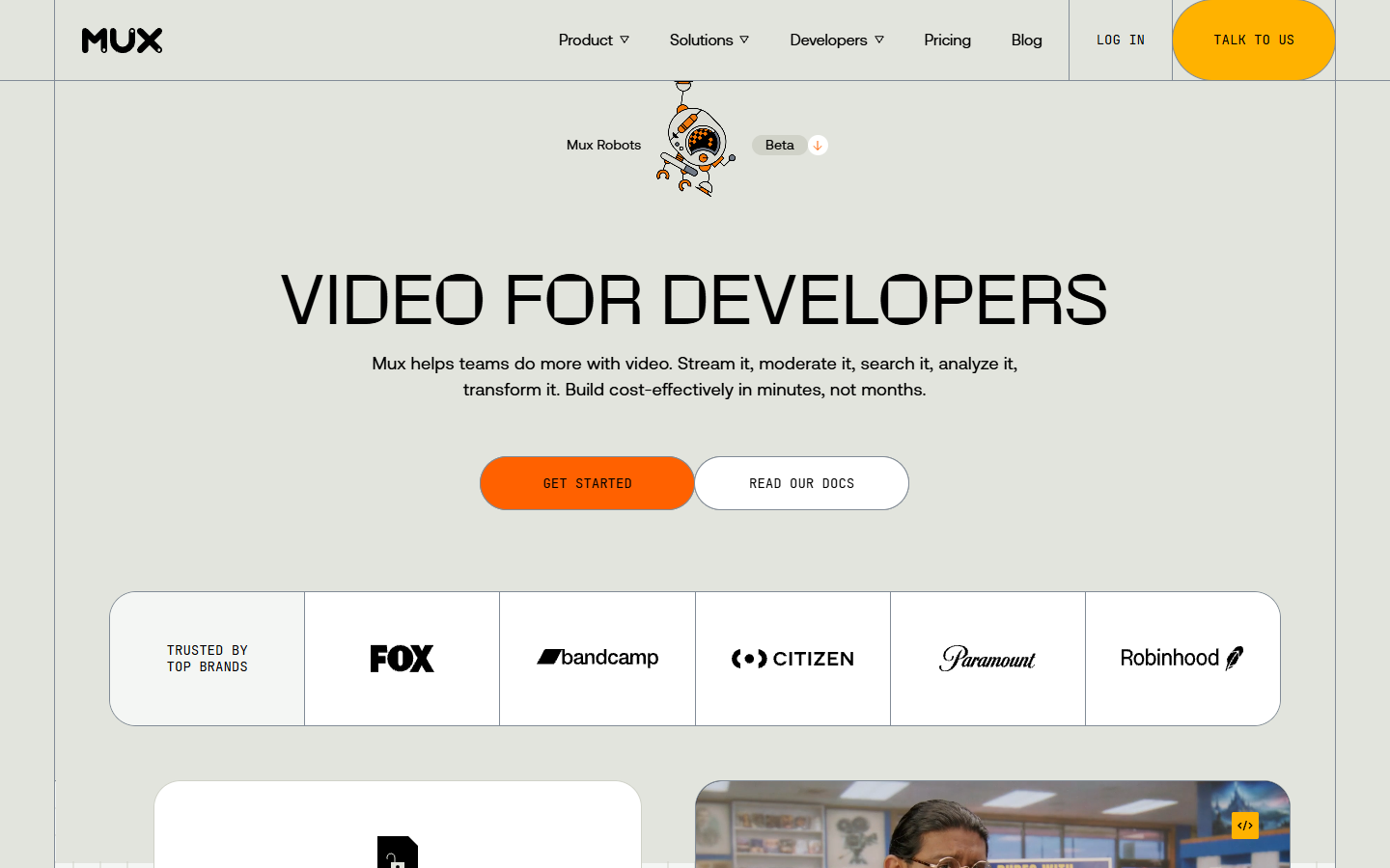 Mux homepage showing its developer video infrastructure and API