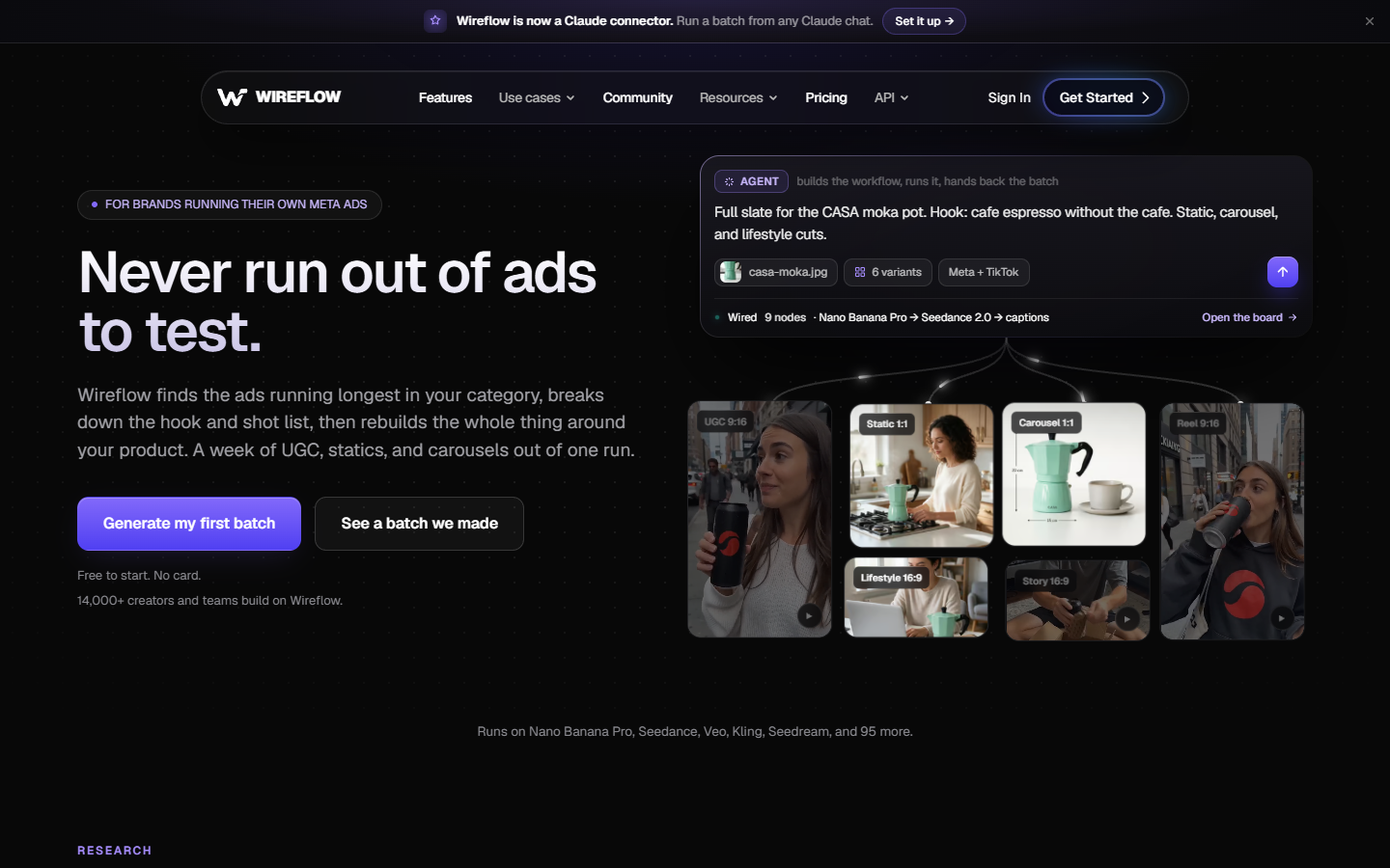 Wireflow homepage showing a node based canvas for building AI video pipelines