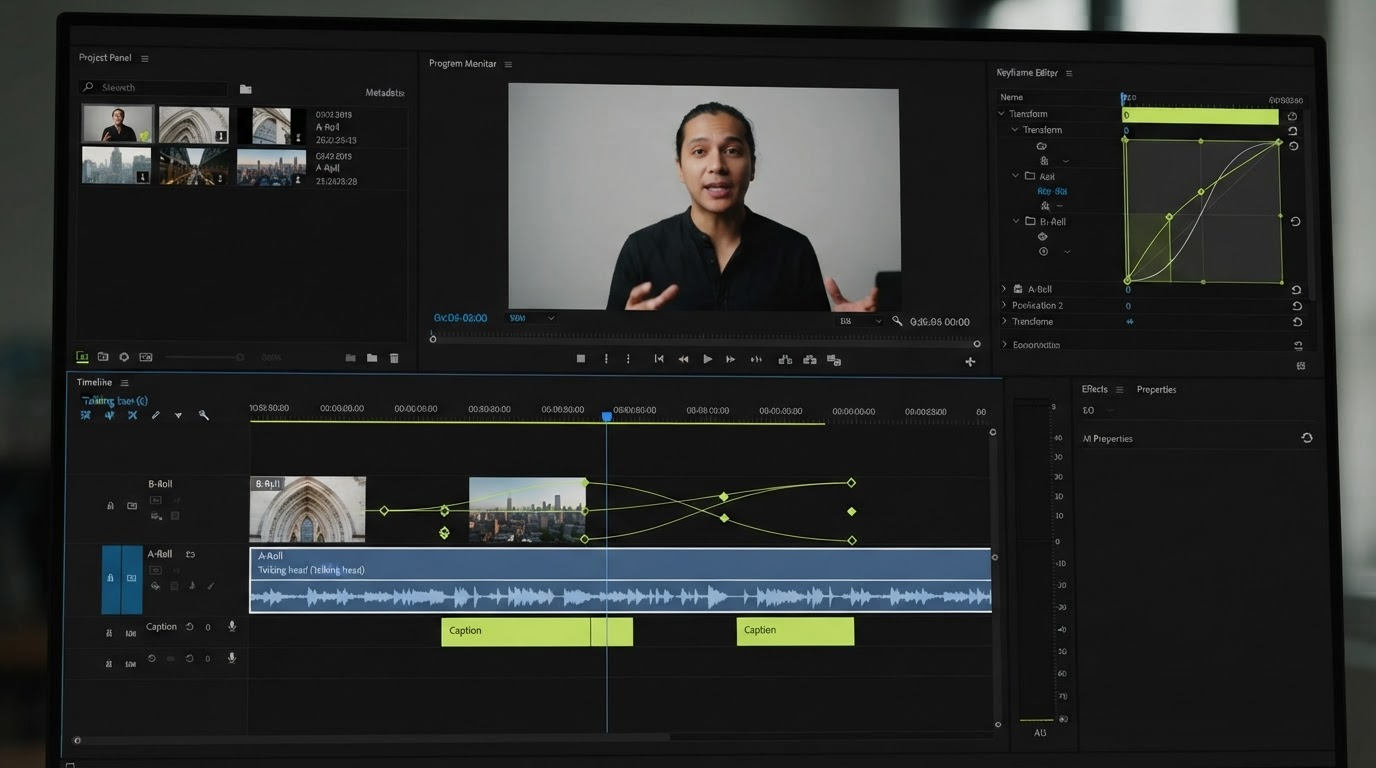 Timeline close up with caption layers, keyframe diamonds, and an easing curve on a highlighted track